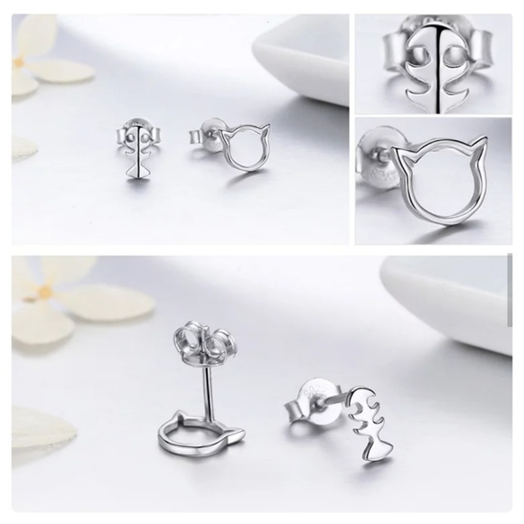 Cat Themed 925 Silver Stud Earrings - Picture 4 of 6